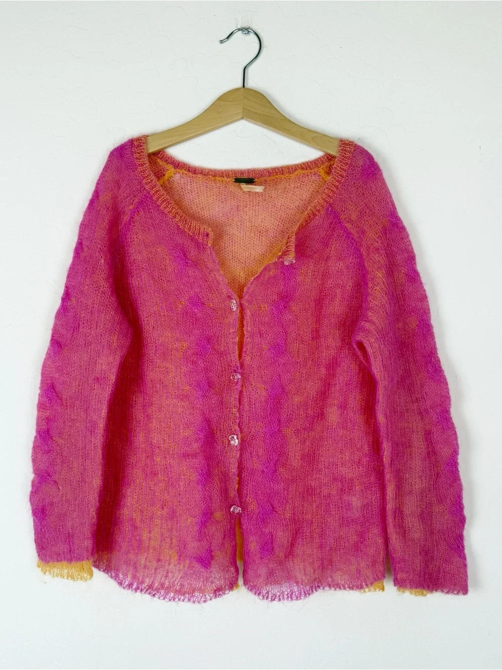 Free People Mohair Cardigan Y2k Double Knit Pink Yellow Sheer
